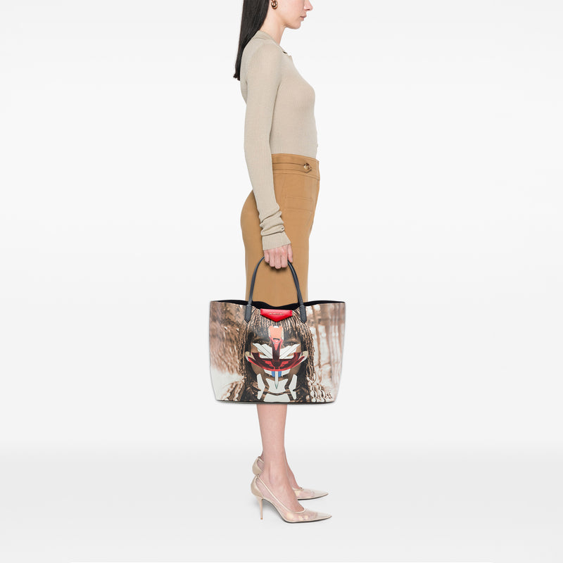Large Textured Coated Canvas Tribal Girl Print Antigona Tote - Image 6