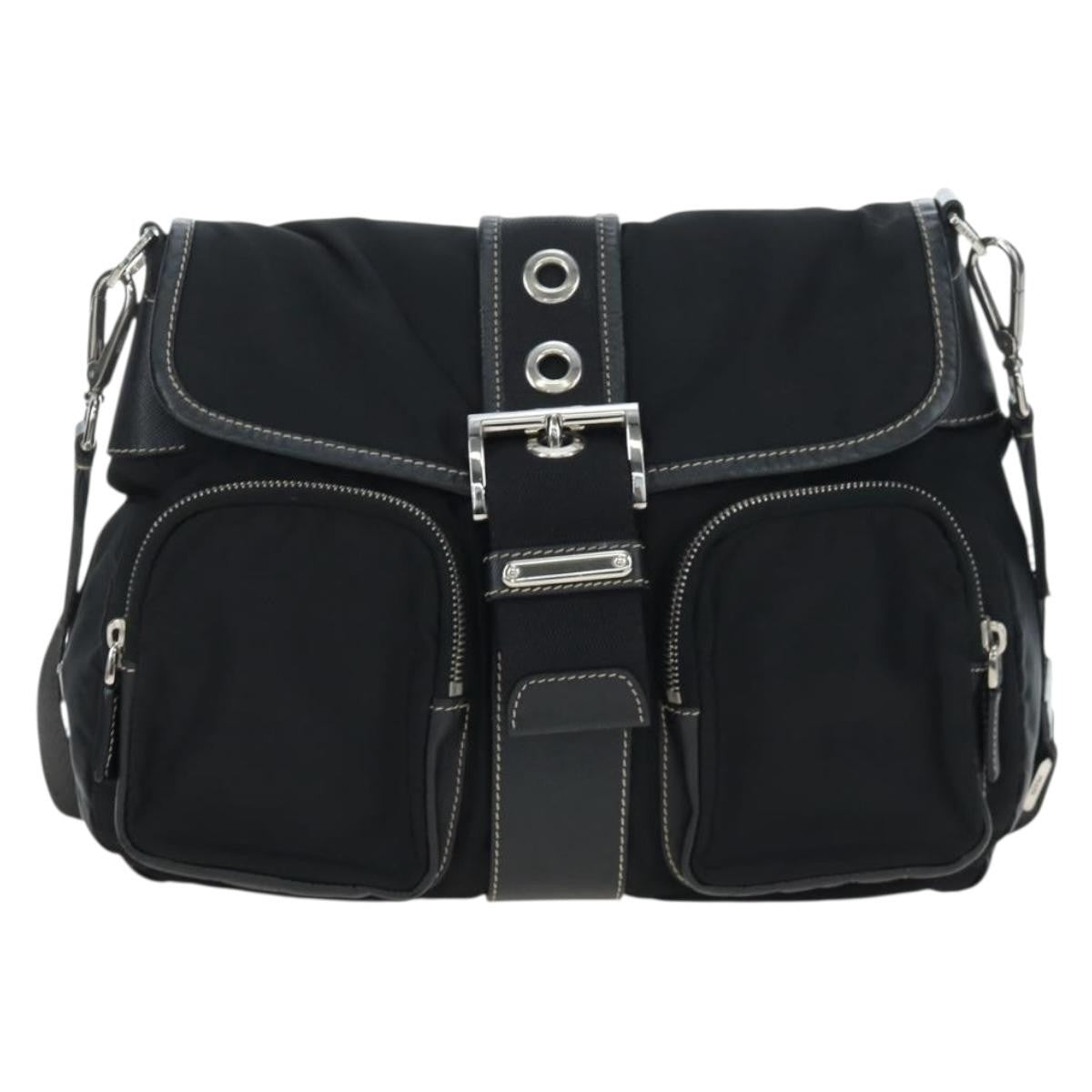 Prada Double Pocket Buckle Flap Tessuto And Leather Black Nylon Bag