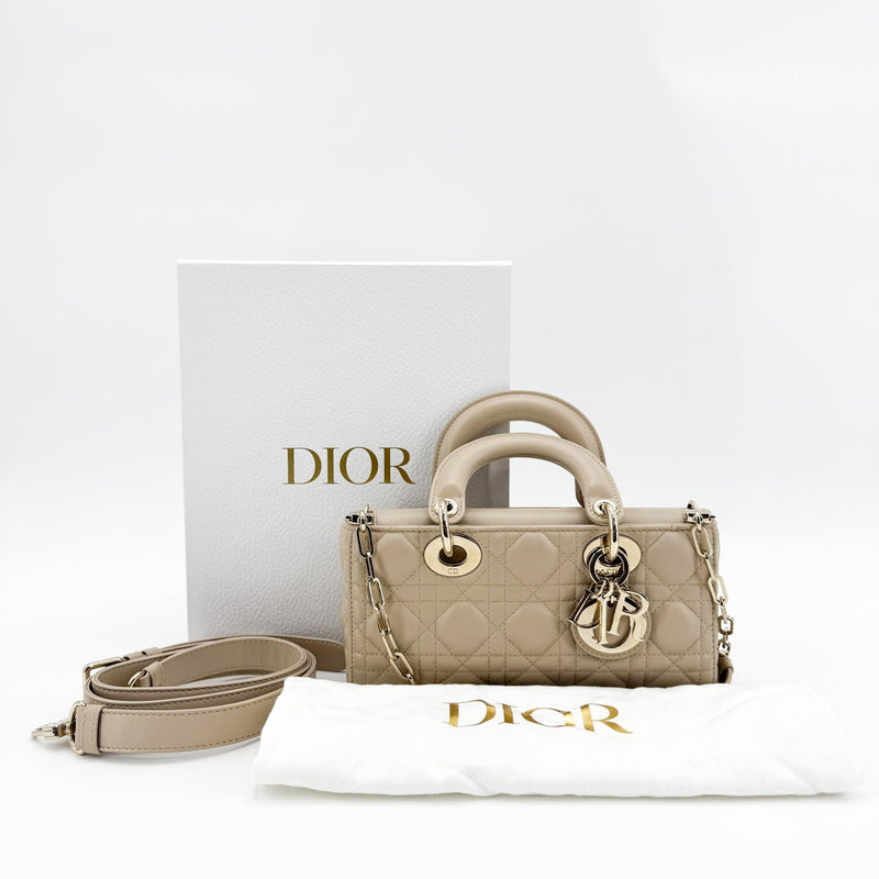 Christian Dior Lady D-Joy Cannage Quilt Lambskin Beige Leather Bag