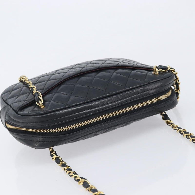 Chanel Vintage Front Pocket Camera Chevron Lambskin Black Leather Bag