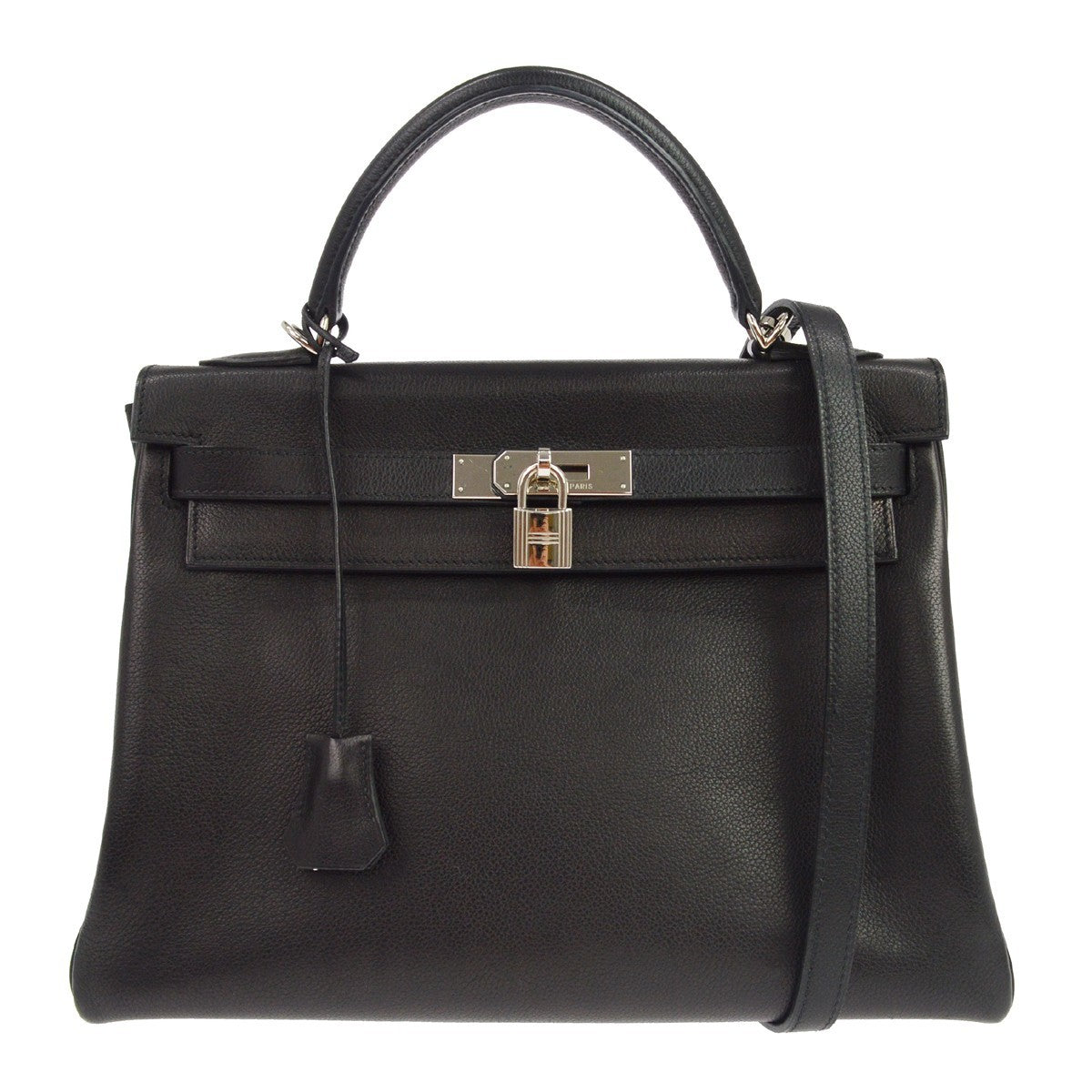 Hermes Kelly Black Evercalf With Palladium Hardware Leather Bag