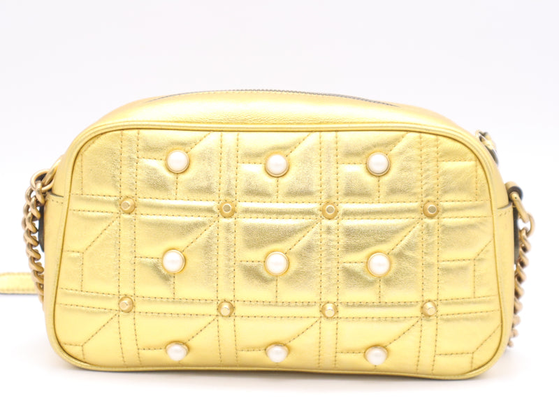 Gucci Pearly Gg Marmont Embellished Matelasse Leather Gold Bag