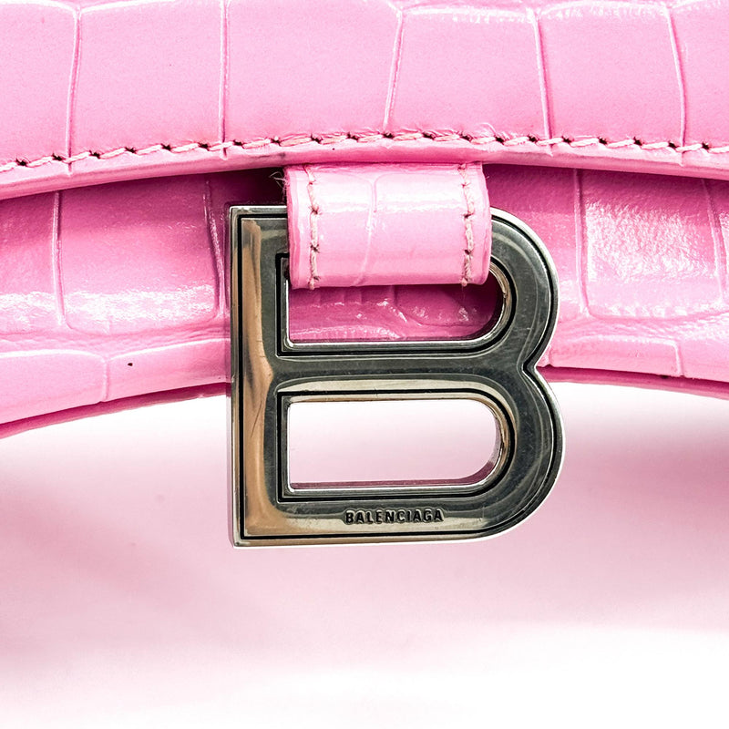 Balenciaga Hourglass Top Handle Crocodile Embossed Leather Pink Bag