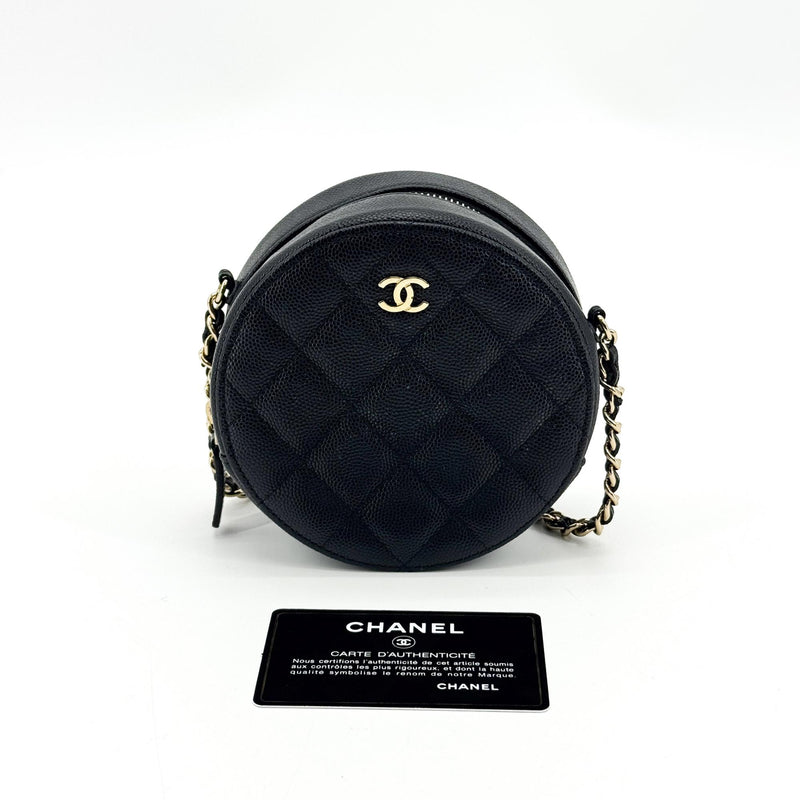 Chanel Round Chain Quilted Caviar Black Leather Bag
