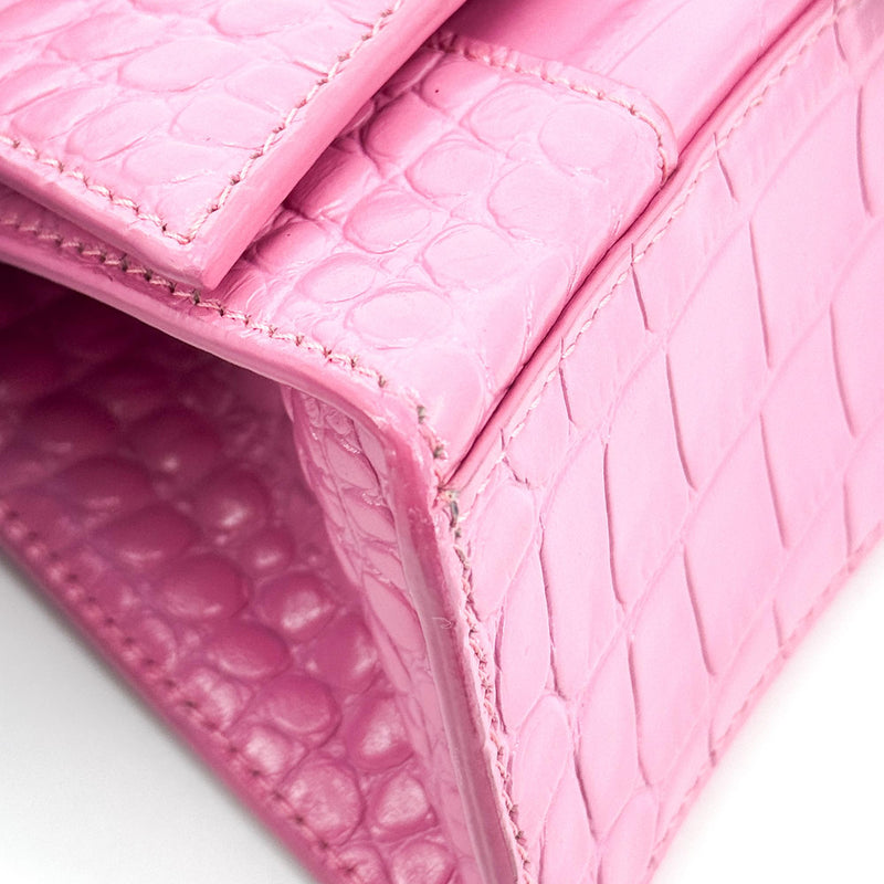 Balenciaga Hourglass Top Handle Crocodile Embossed Leather Pink Bag