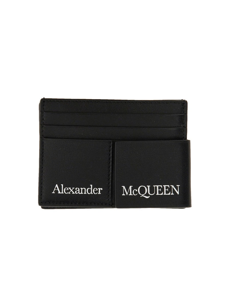 Alexander Mcqueen Logo-Print Calfskin Card Case — Black Calf Leather Wallets & Purses