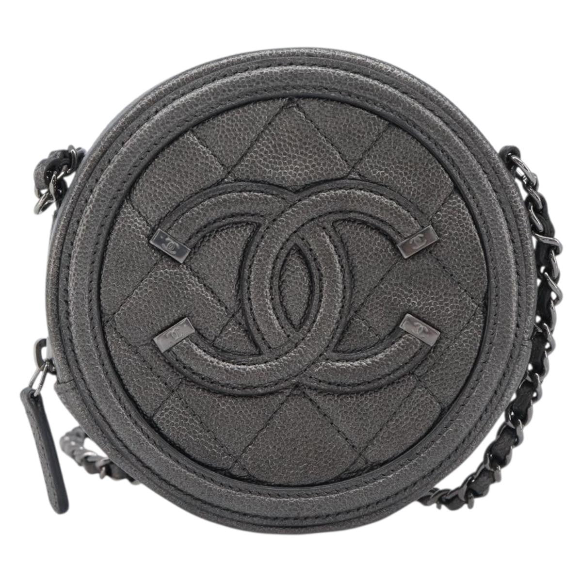 Chanel Filigree Round Clutch With Chain Quilted Iridescent Caviar Gray Leather