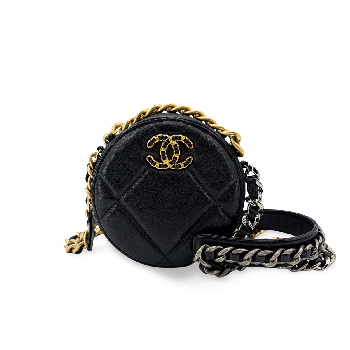 Chanel 19 Round Clutch With Chain Quilted Leather Black