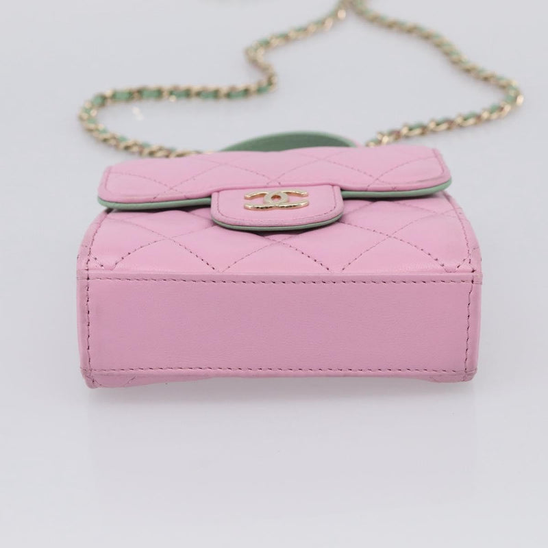 Chanel Square Classic Flap Top Handle Clutch With Chain Quilted Lambskin Pink Leather