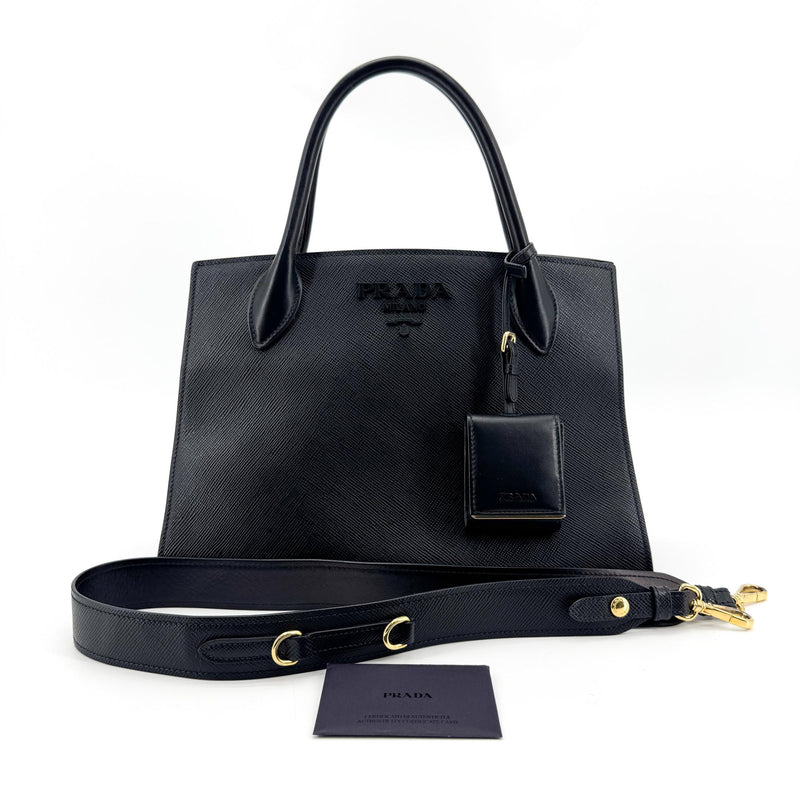 Prada Monochrome Saffiano With City Calf Black Leather Bag
