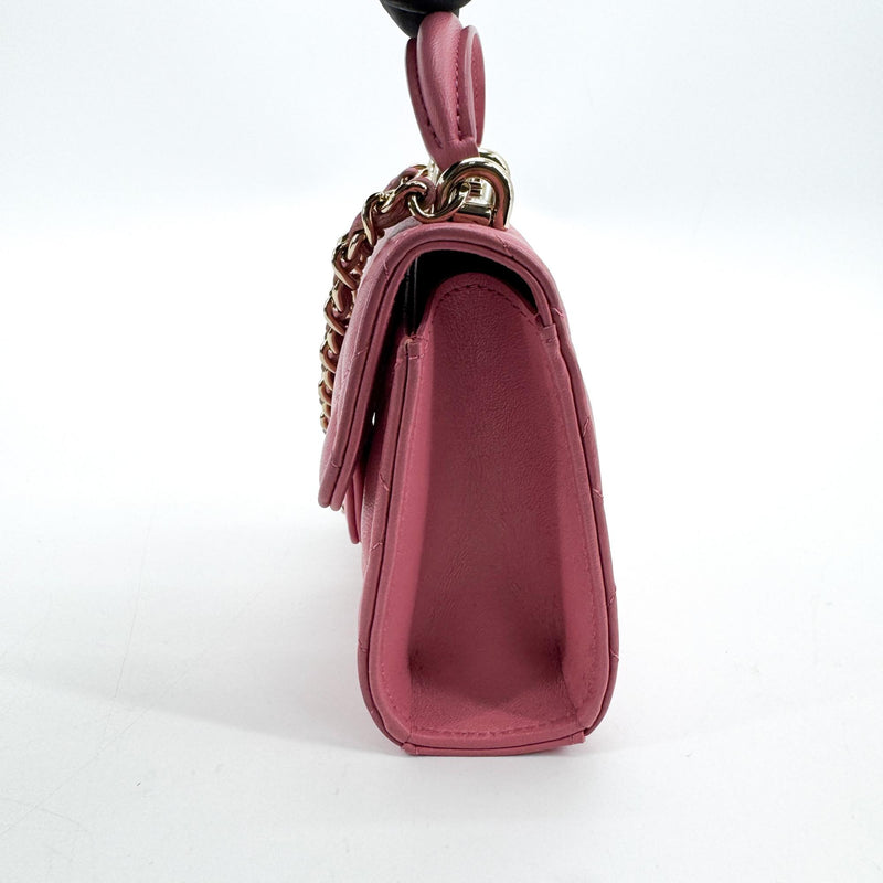 Chanel Square Classic Flap Top Handle Clutch With Chain Quilted Lambskin Pink Leather