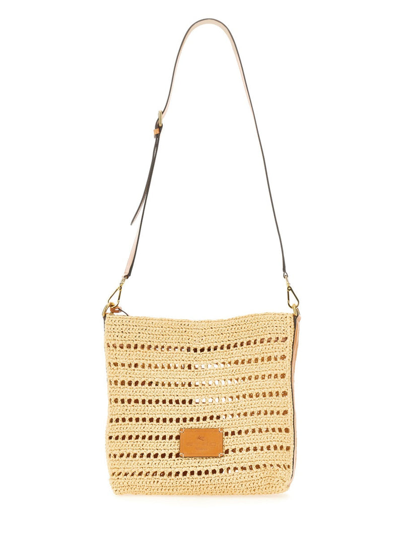 Etro Perforated Raffia Shoulder Bag — Beige Cotton