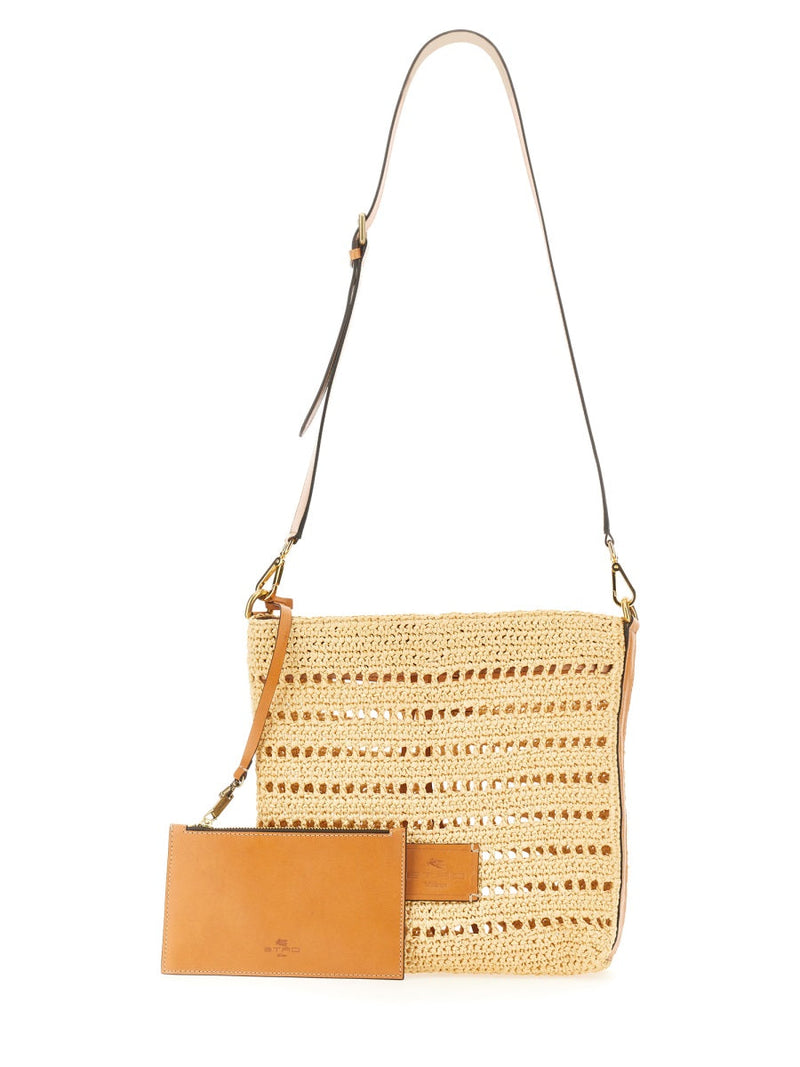 Etro Perforated Raffia Shoulder Bag — Beige Cotton