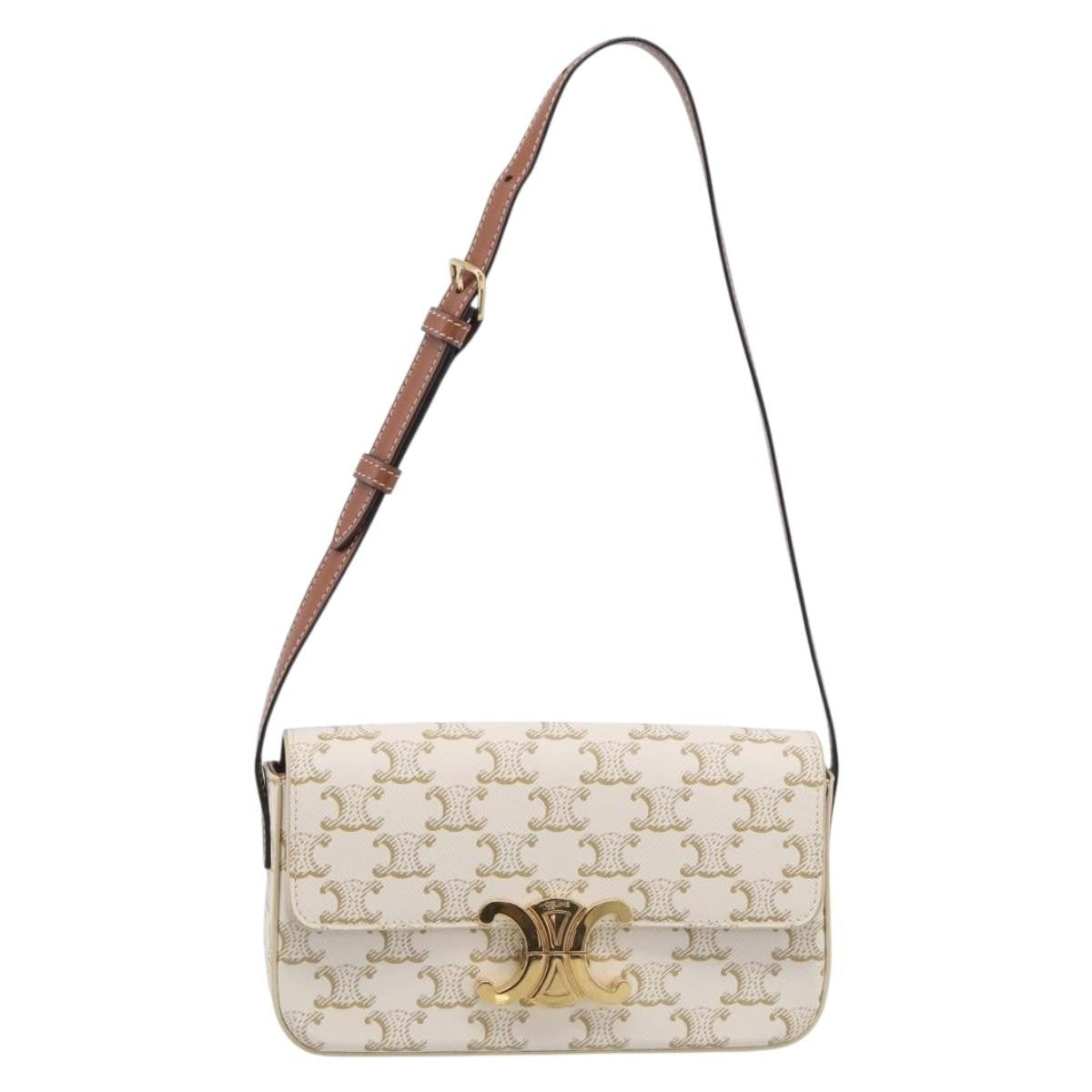 Celine Triomphe East-West Coated Canvas White Leather Bag