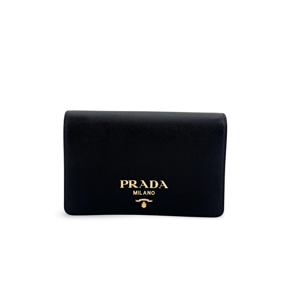 Prada Flap Card Case On Chain Saffiano Leather Black Accessory
