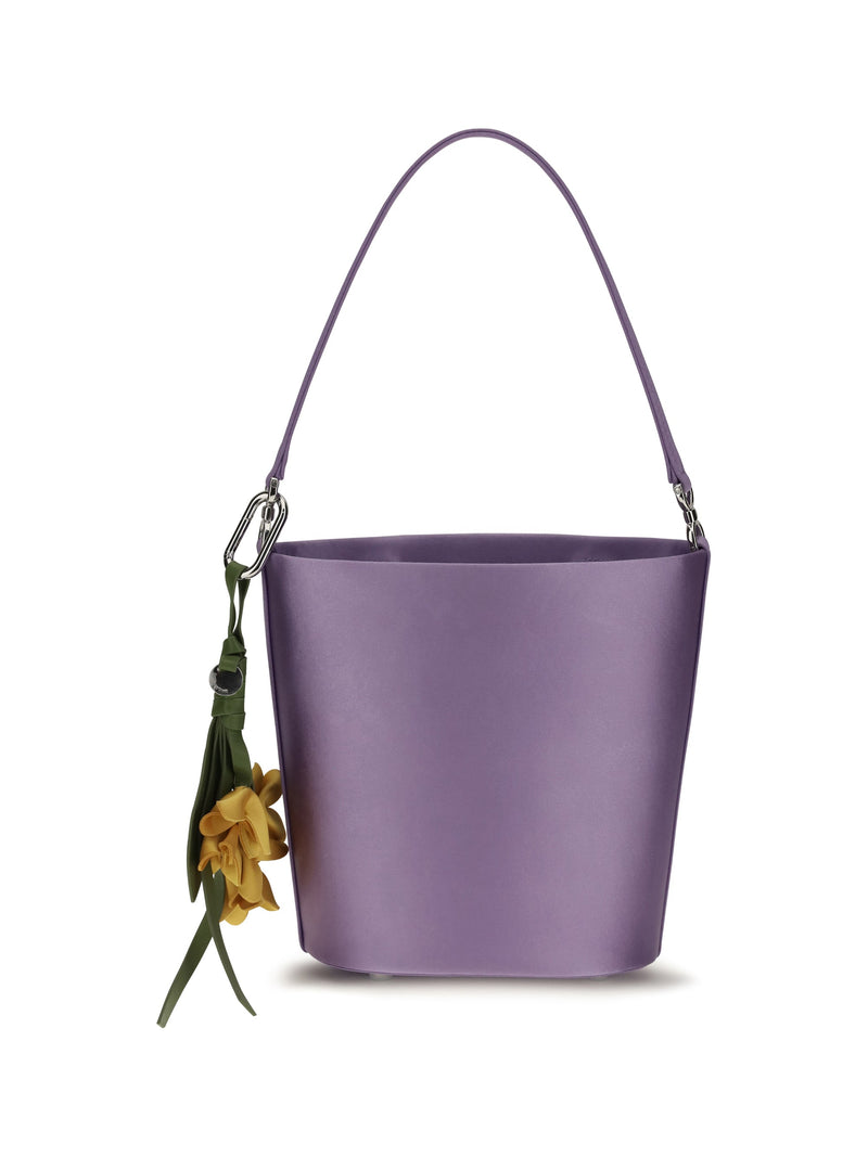 Self-Portrait Satin With Removable Bow Charm Bucket Bag — Purple Polyester