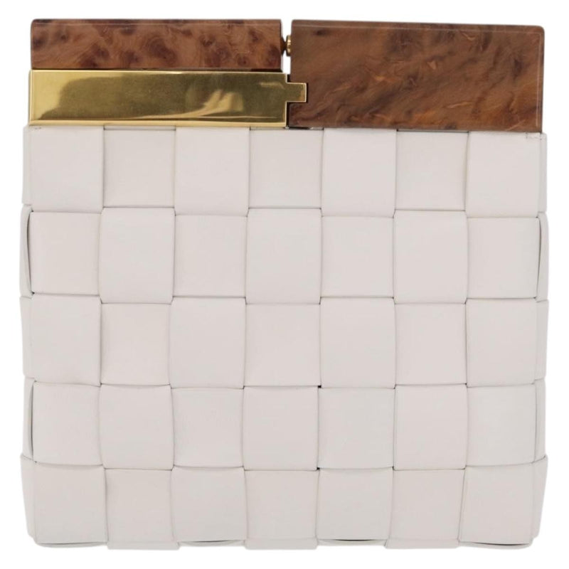 Bottega Veneta The Snap Clutch Maxi Intrecciato Leather With Wood And Metal White