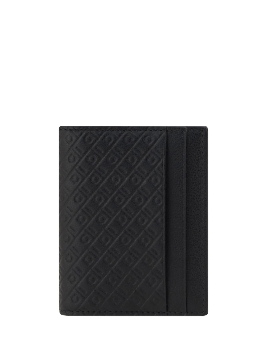 Ferragamo Monogram Embossed Calf Leather Card Holder — Black Bos Taurus Wallet