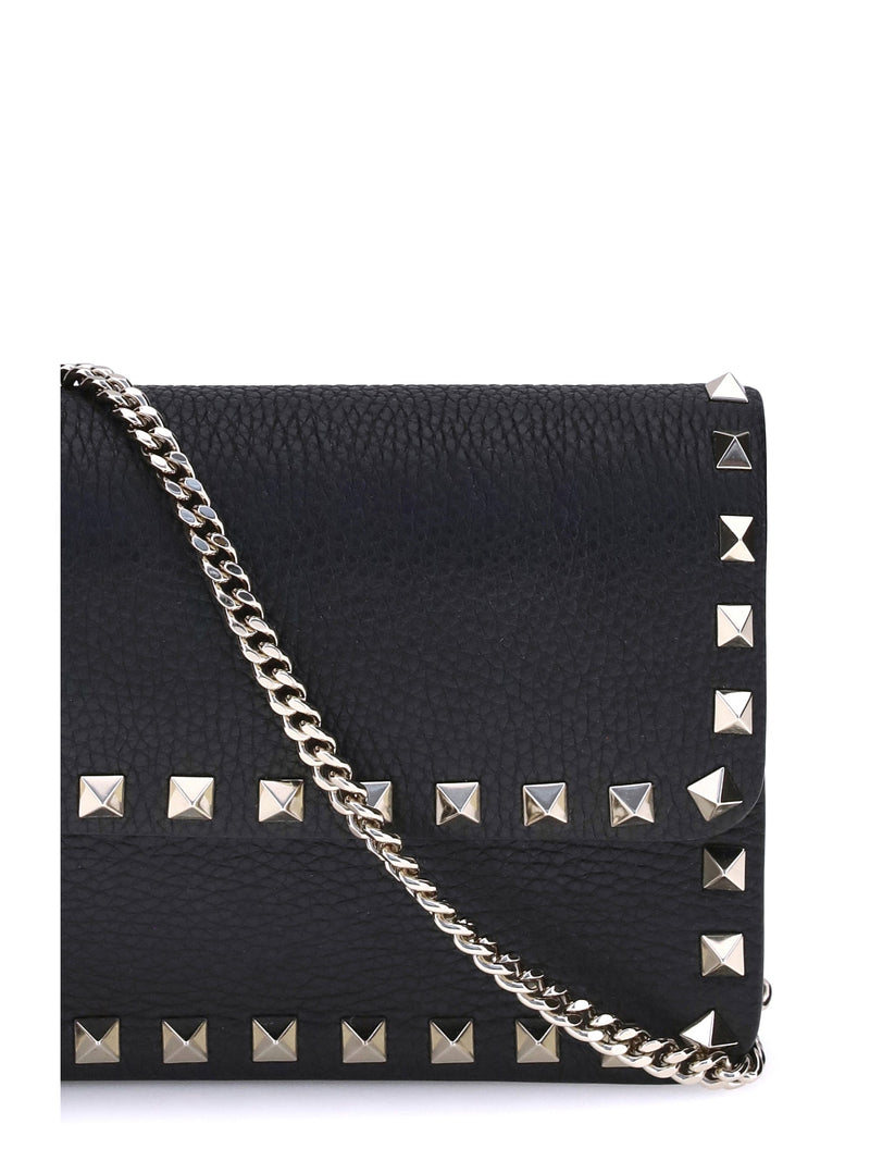 Valentino Garavani Rockstud Chain Wallet — Black Calf Leather Bos Taurus