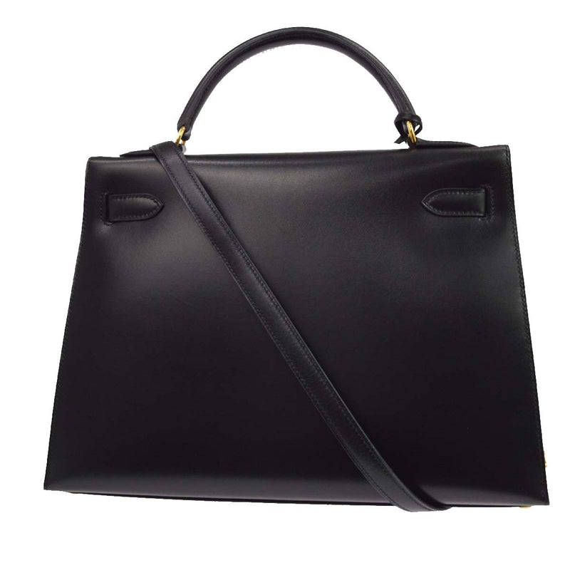 Hermes Kelly Black Box Calf With Gold Hardware Calfskin Bag