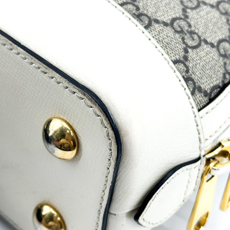 Gucci Horsebit 1955 Top Handle Gg Coated Canvas With Leather Beige Bag