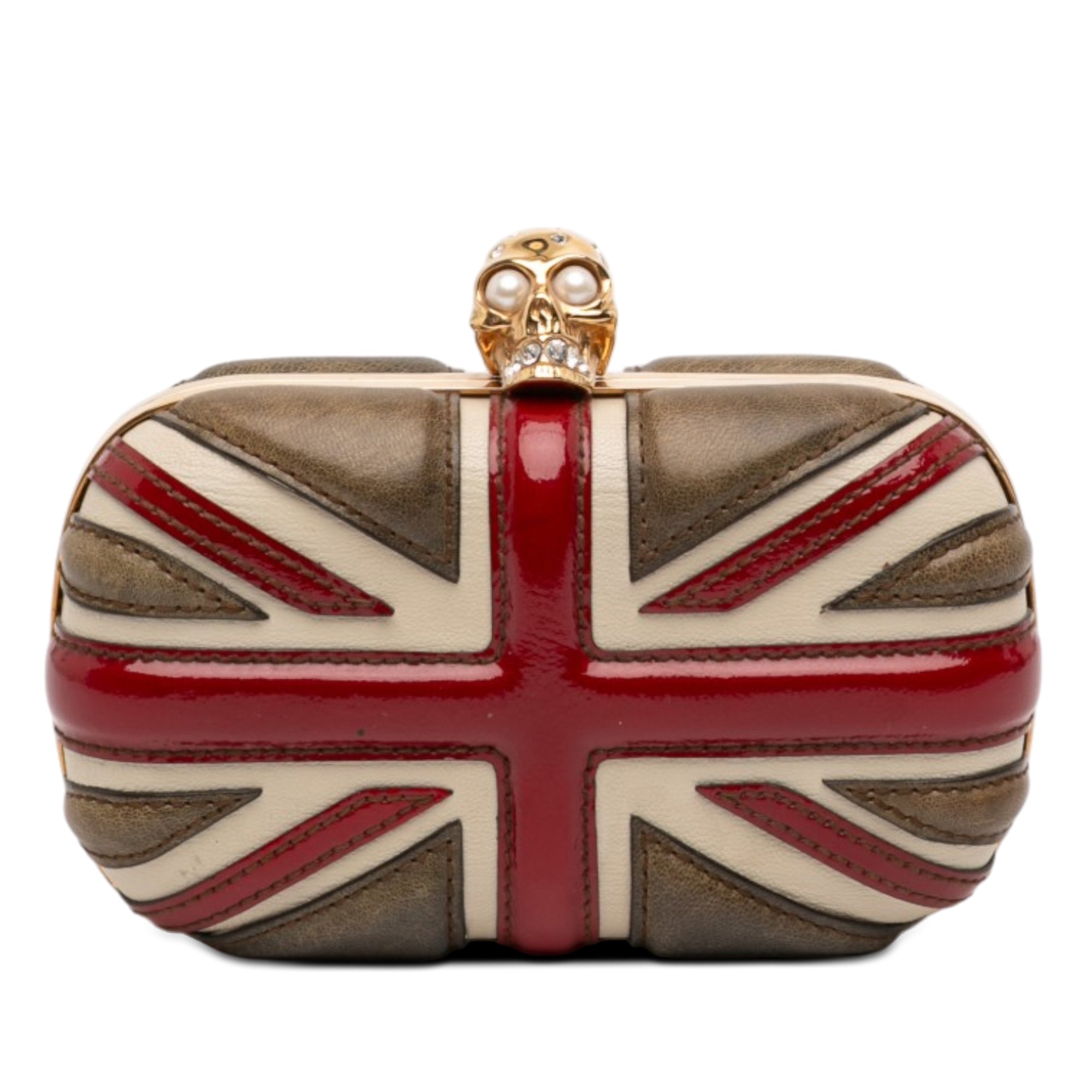 Calfskin and Patent Britannia Skull Box Clutch - Image 1