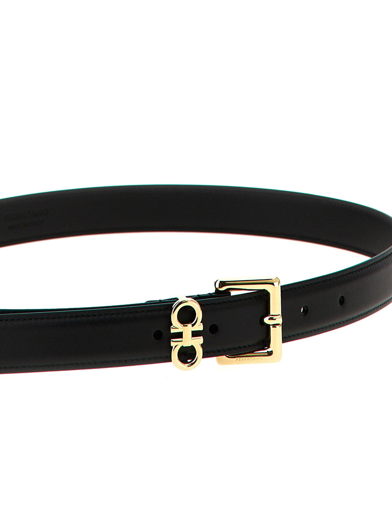 Ferragamo Gold Double Gancini Belt — Black
