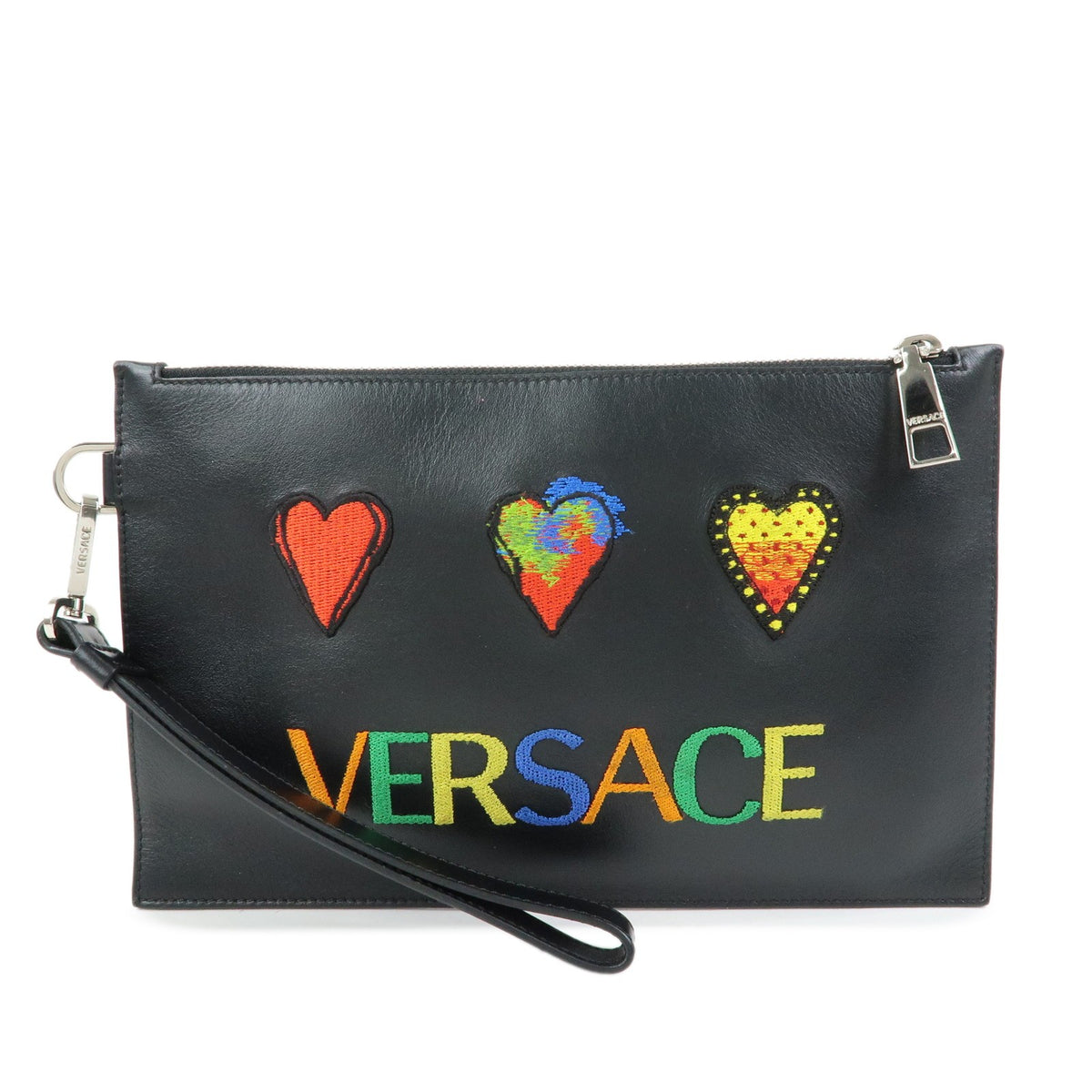 Versace Wristlet Printed Leather Black Bag