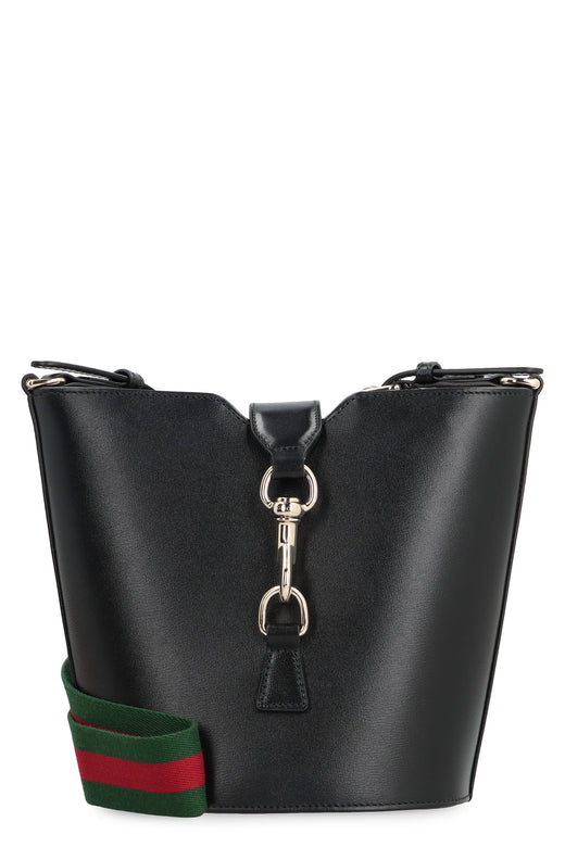 Gucci Leather With Web Strap Bucket Bag — Black