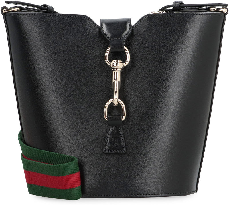 Gucci Leather With Web Strap Bucket Bag — Black