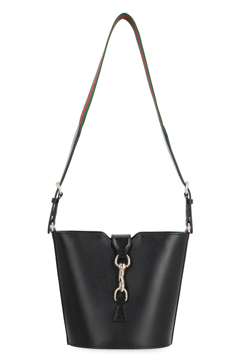 Gucci Leather With Web Strap Bucket Bag — Black
