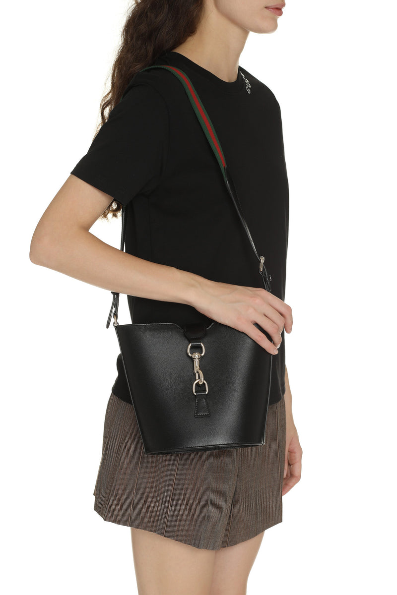 Gucci Leather With Web Strap Bucket Bag — Black