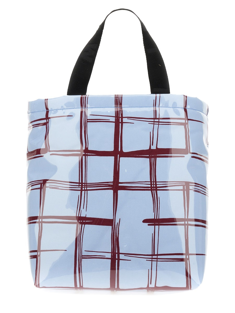 Marni Coated Canvas Plaid Shoulder Bag — Blue