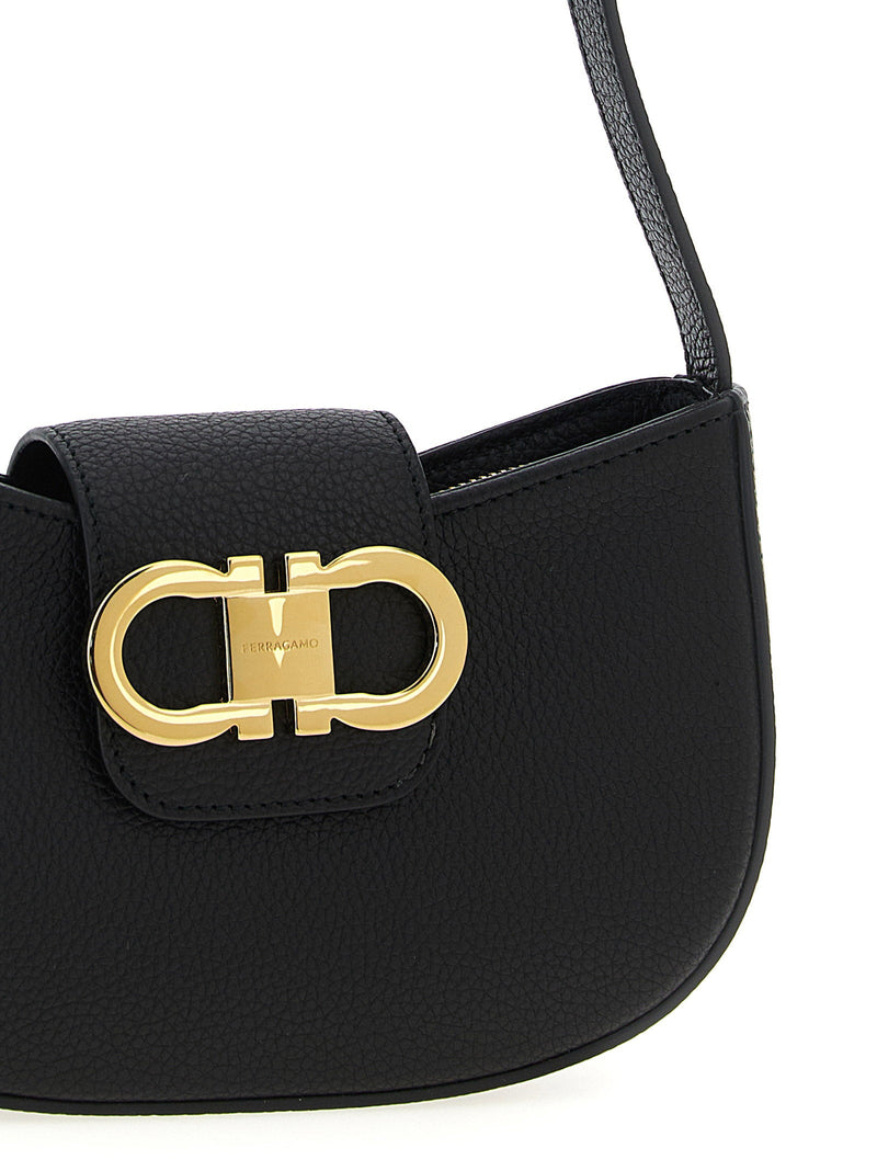 Ferragamo Gancini Logo Hammered Leather Shoulder Bag — Black