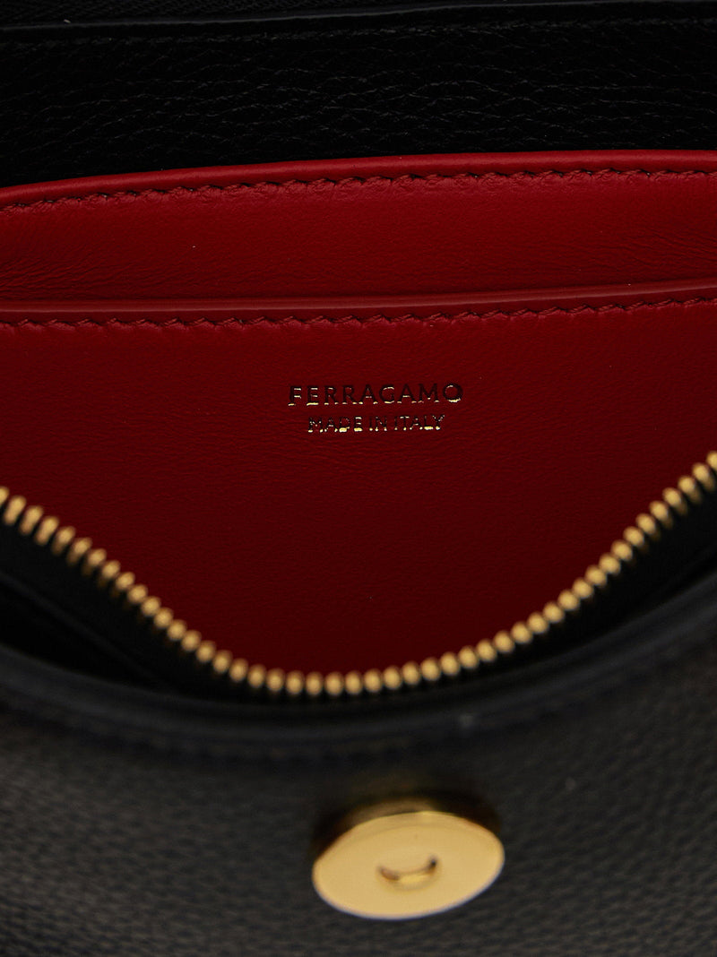 Ferragamo Gancini Logo Hammered Leather Shoulder Bag — Black