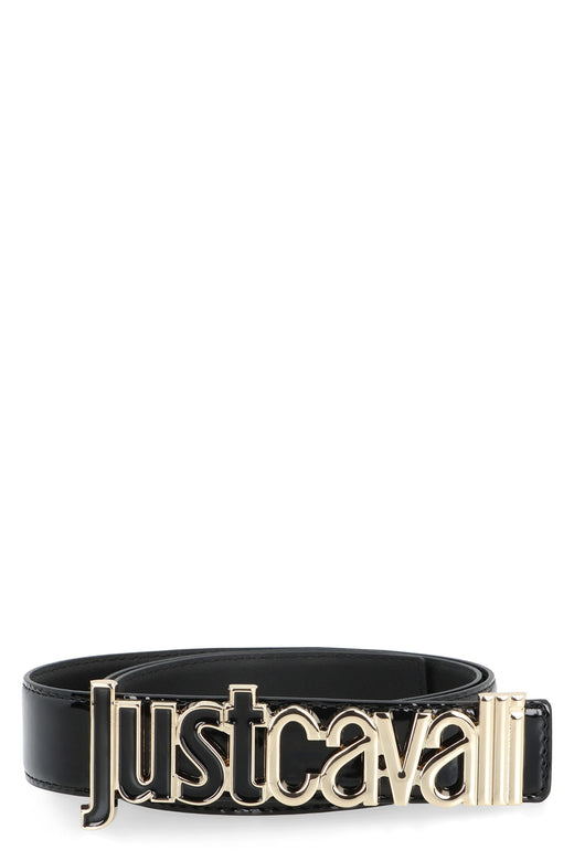Just Cavalli Patent Leather With Gold Logo Buckle Belt — Black