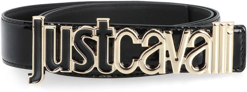 Just Cavalli Patent Leather With Gold Logo Buckle Belt — Black