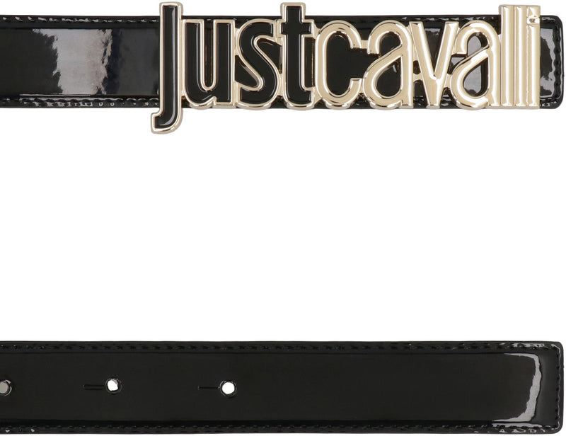 Just Cavalli Patent Leather With Gold Logo Buckle Belt — Black