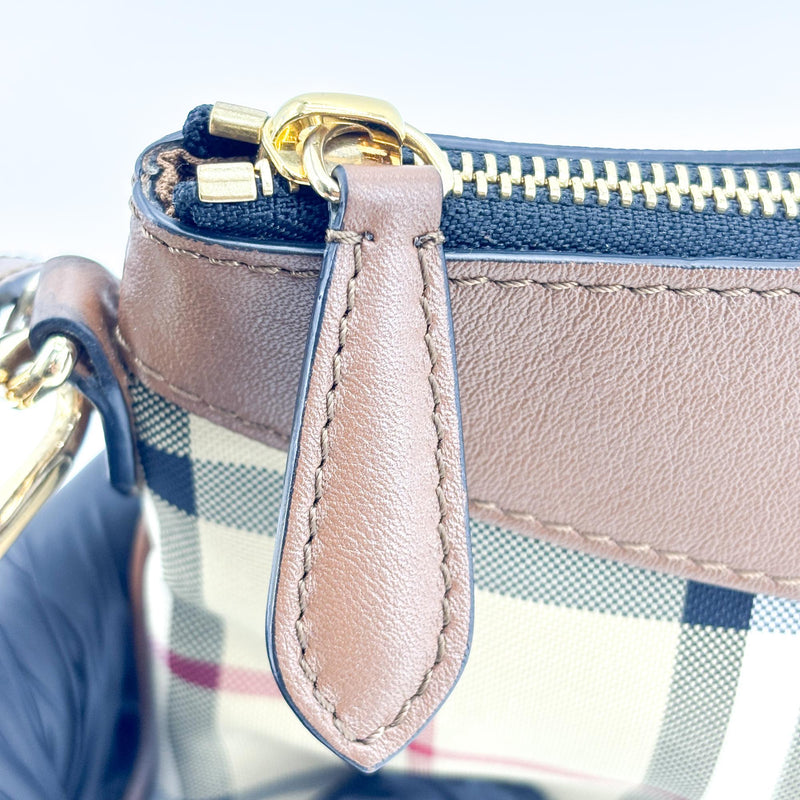 Burberry Peyton Crossbody Clutch Haymarket Coated Canvas Brown
