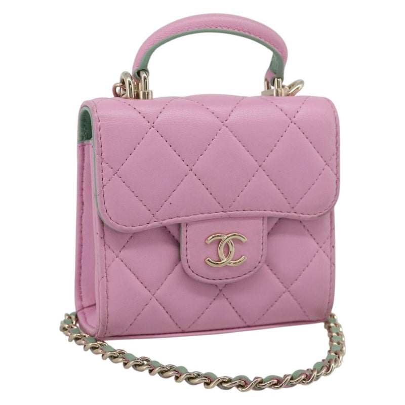 Chanel Square Classic Flap Top Handle Clutch With Chain Quilted Lambskin Pink Leather