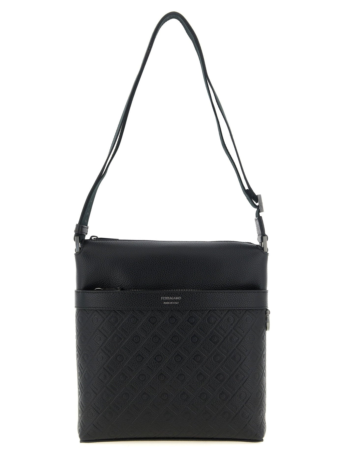 Ferragamo Monogram Embossed Crossbody Bag — Black Hammered Calf Leather