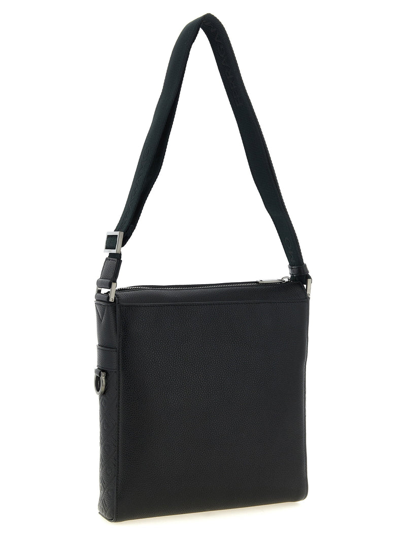 Ferragamo Monogram Embossed Crossbody Bag — Black Hammered Calf Leather