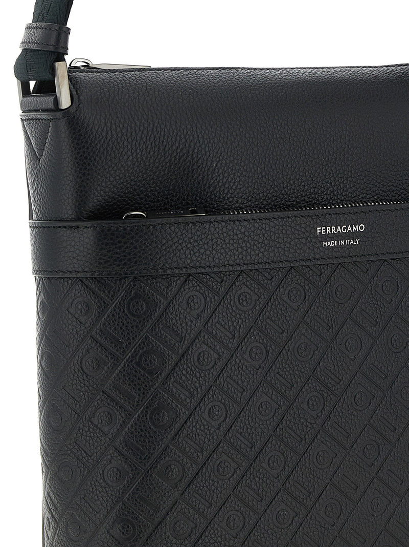Ferragamo Monogram Embossed Crossbody Bag — Black Hammered Calf Leather