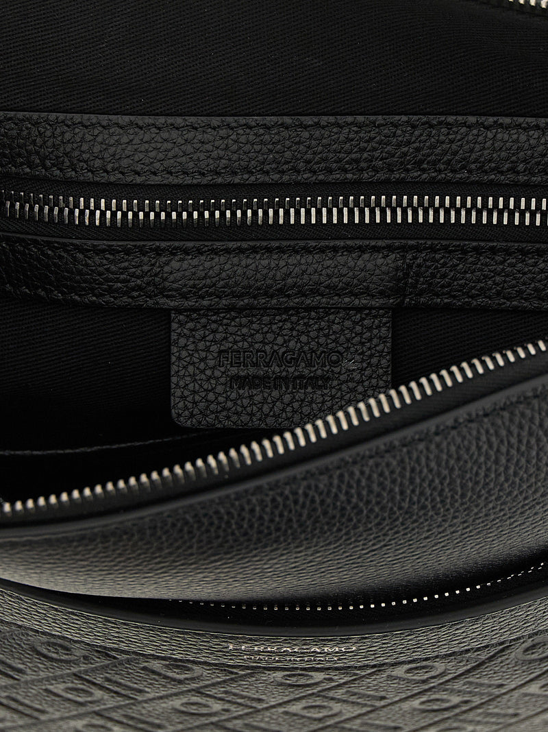 Ferragamo Monogram Embossed Crossbody Bag — Black Hammered Calf Leather