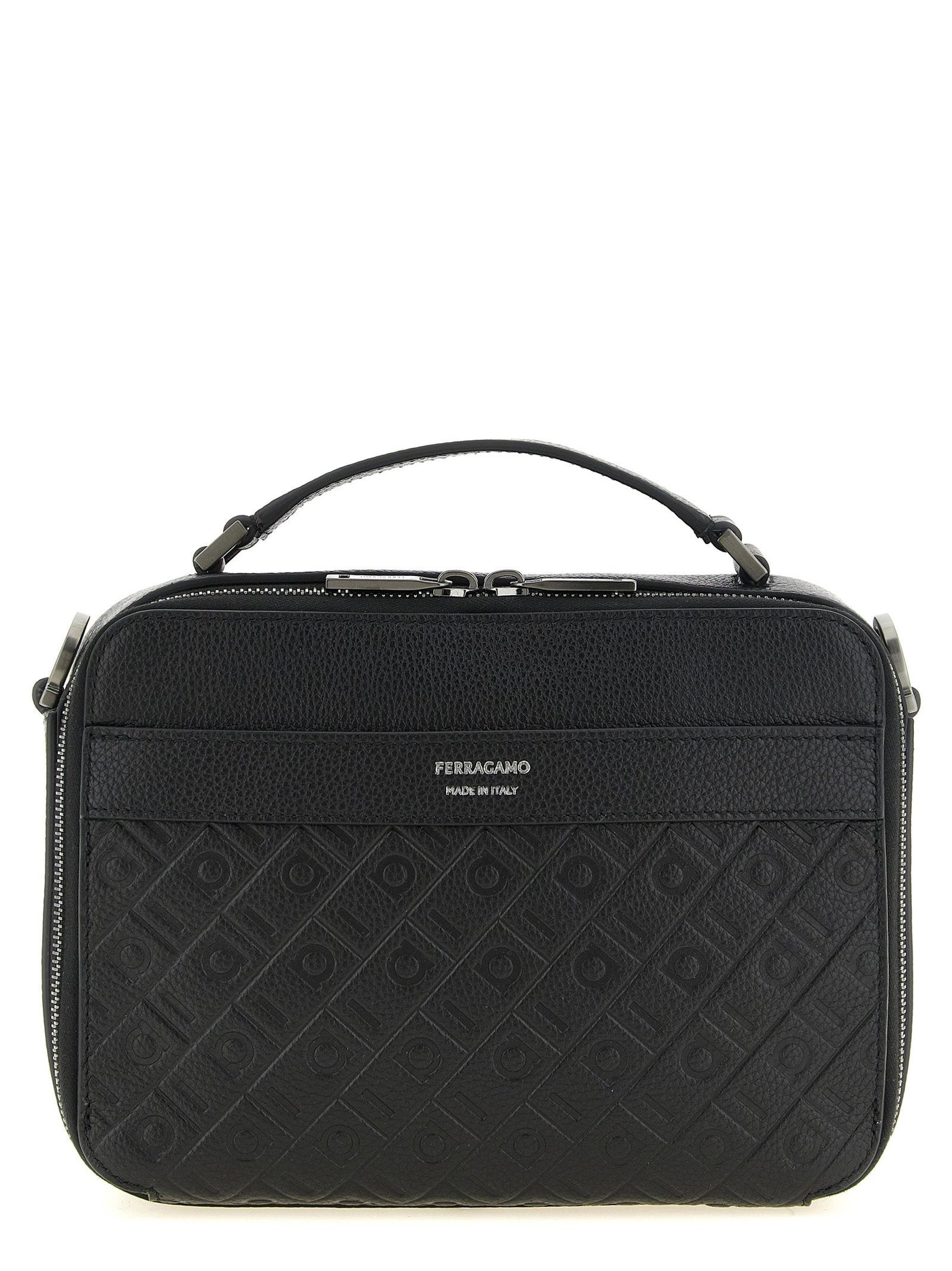 Ferragamo Monogram-Embossed Leather Shoulder Bag — Black Hammered Calf