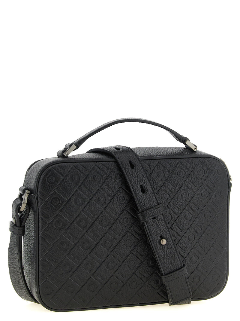 Ferragamo Monogram-Embossed Leather Shoulder Bag — Black Hammered Calf