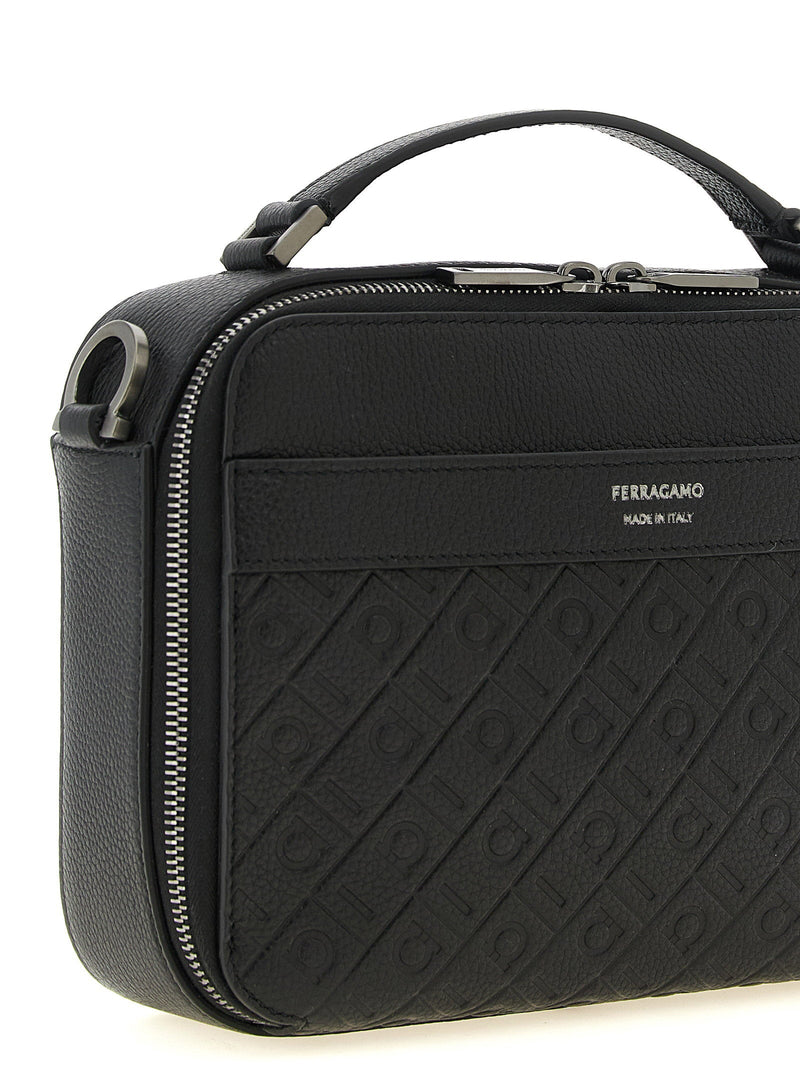 Ferragamo Monogram-Embossed Leather Shoulder Bag — Black Hammered Calf