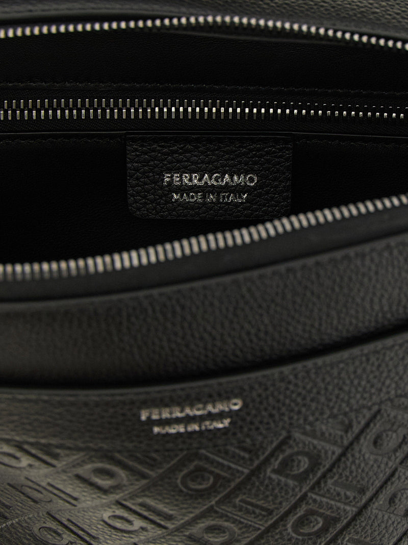 Ferragamo Monogram-Embossed Leather Shoulder Bag — Black Hammered Calf