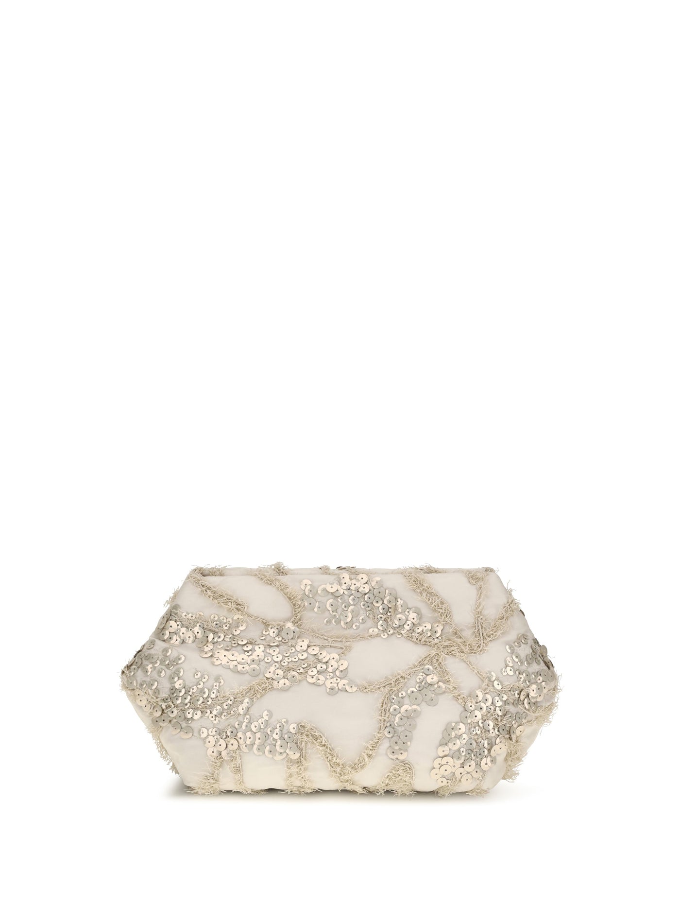 Brunello Cucinelli Sequin-Embroidered Silk Organza Clutch — Beige