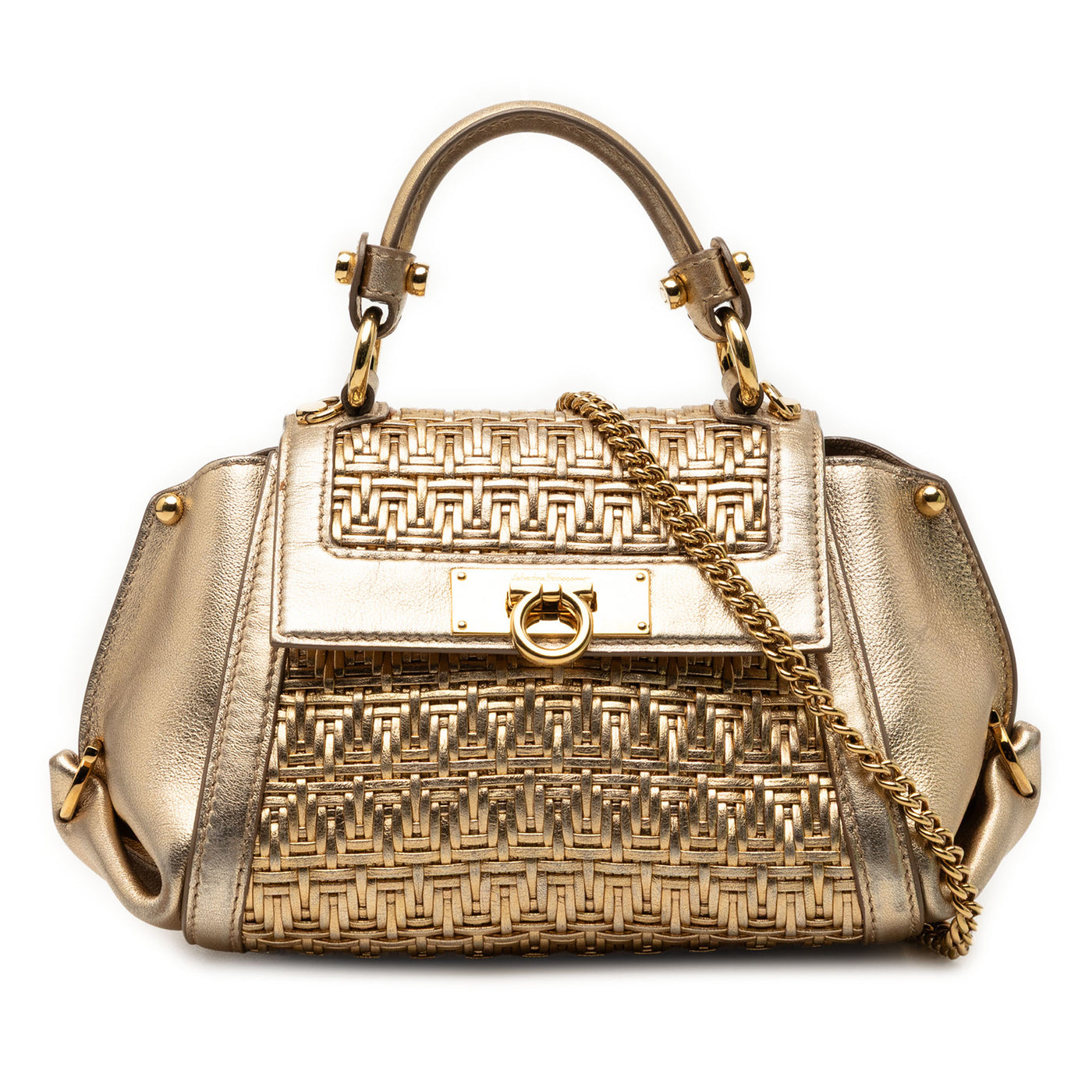 Mini Metallic Woven Leather Gancini Sofia Satchel - Image 1